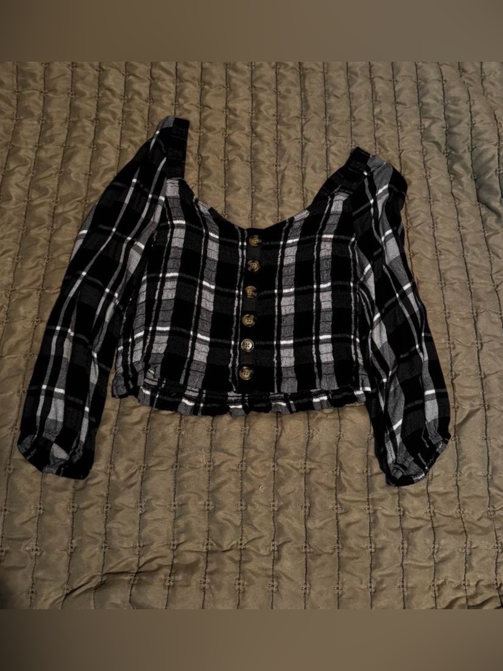 American Eagle Outfitters Black & White Plaid Button-Front Crop Top